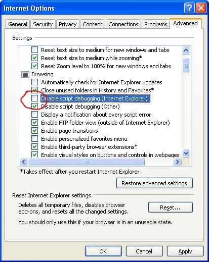 Disabling Script Debugging in Internet Explorer