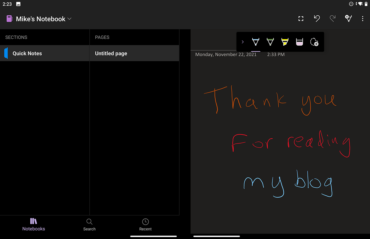 Microsoft Surface Duo - OneNote - thank you for reading my blog