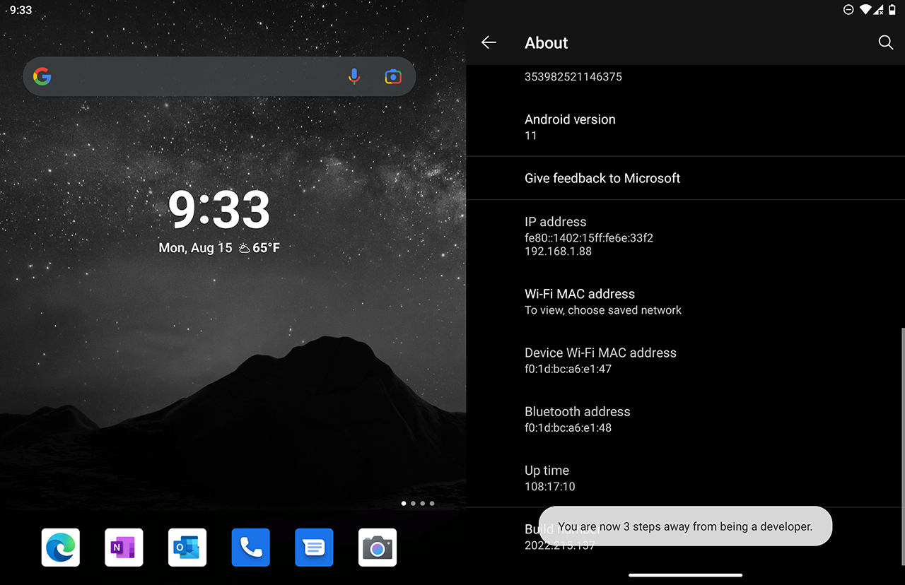 Microsoft Surface Duo - tapping Build number