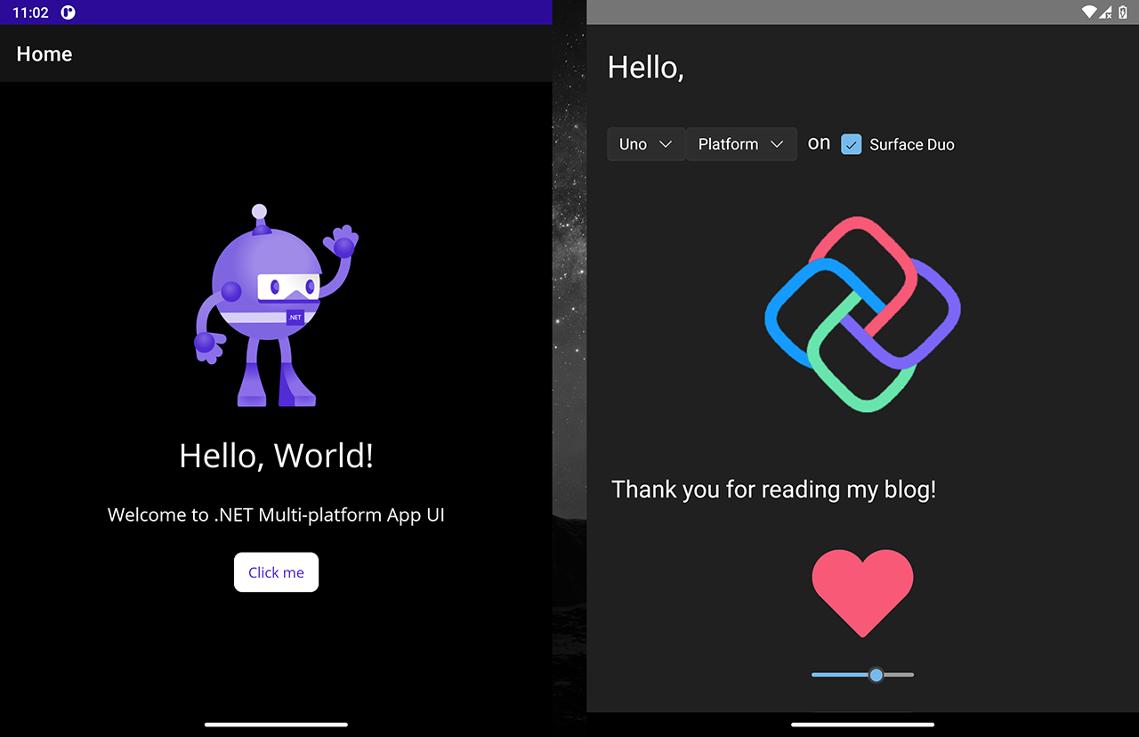 .NET MAUI App, Uno Platform App, side by side on the Microsoft Surface Duo