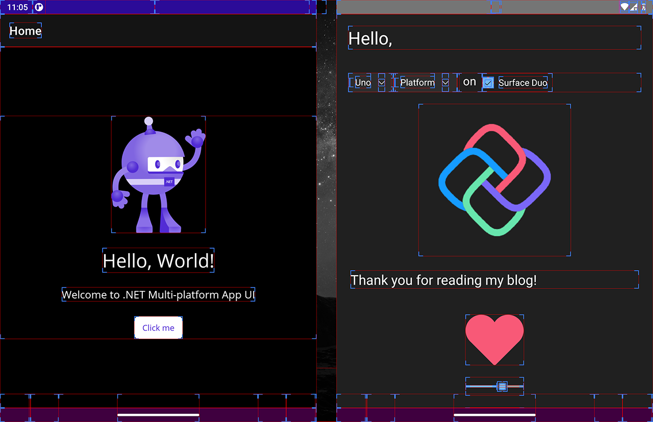 .NET MAUI App, Uno Platform App, showing Layout bounds on the Microsoft Surface Duo