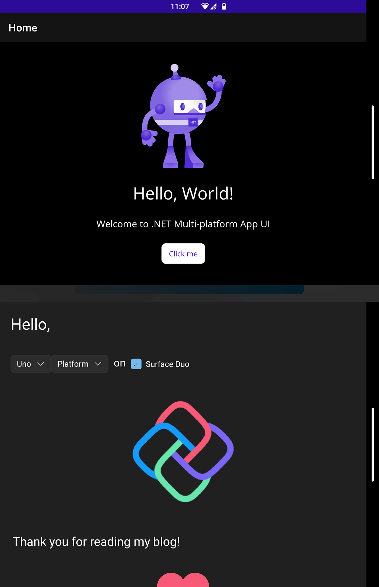 .NET MAUI App, Uno Platform App, vertically stacked on the Microsoft Surface Duo