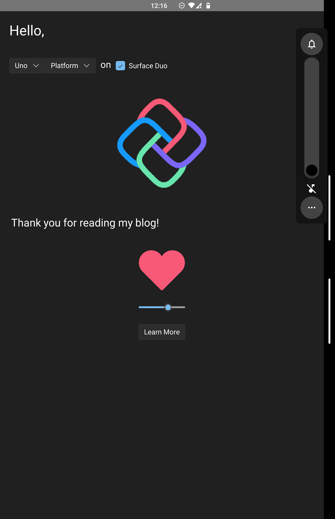Uno Platform App, full screen vertical on the Microsoft Surface Duo