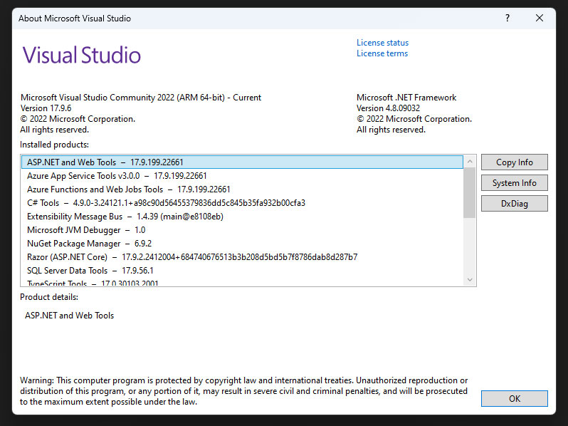 About Microsoft Visual Studio screen