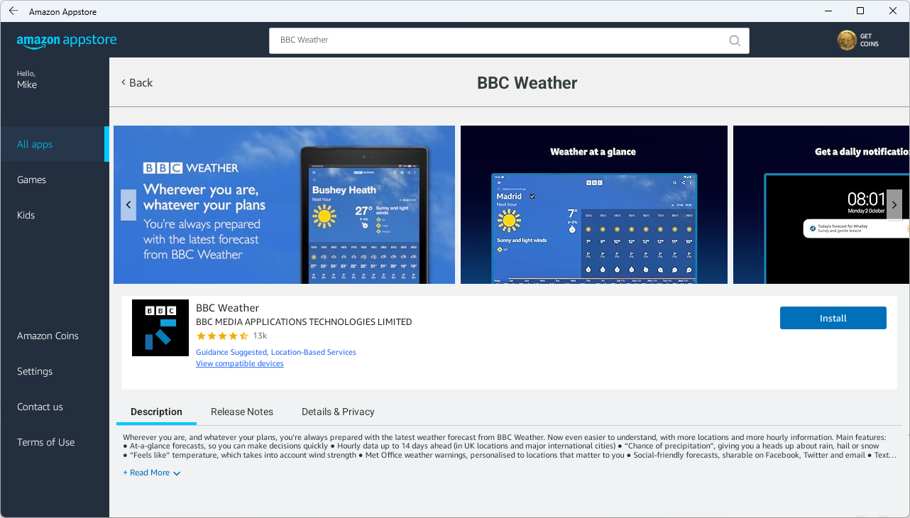 BBC Weather app in the Amazon Appstore