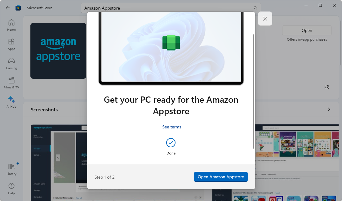 Amazon Appstore install - Get your PC ready - Done