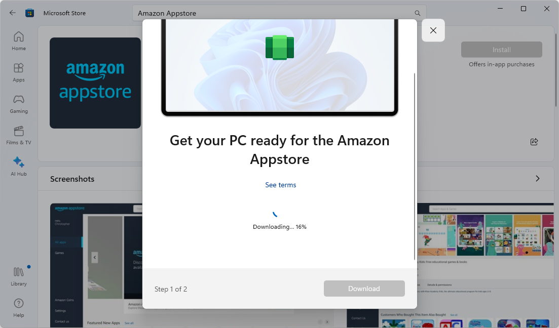 Amazon Appstore install - Get your PC ready - progress