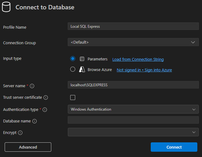 Connect to Database screen