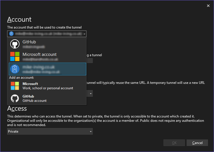 Dev Tunnels - Creation Dialog - Account Type