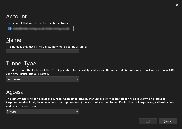 Dev Tunnels - Creation Dialog