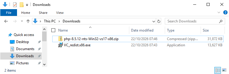 Downloads folder contents - PHP ZIP and the VC_redist installer package