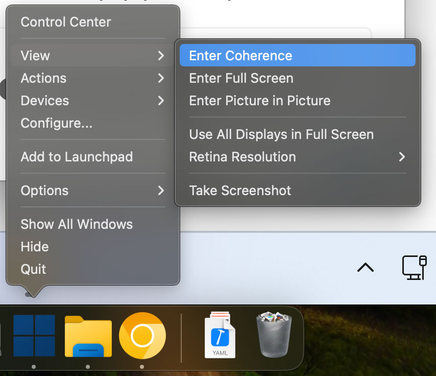 Enter Coherence on the Parallels App View Menu