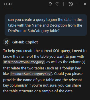 GitHub Copliot - ask to create query