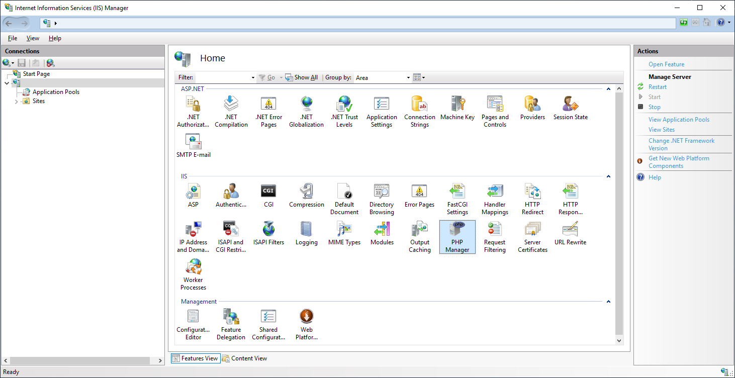 IIS home screen, showing PHP Manager