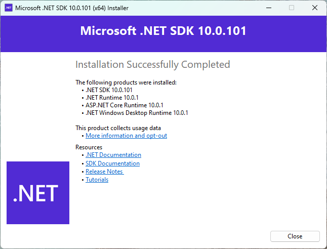 Microsoft .NET Installer - completed screen