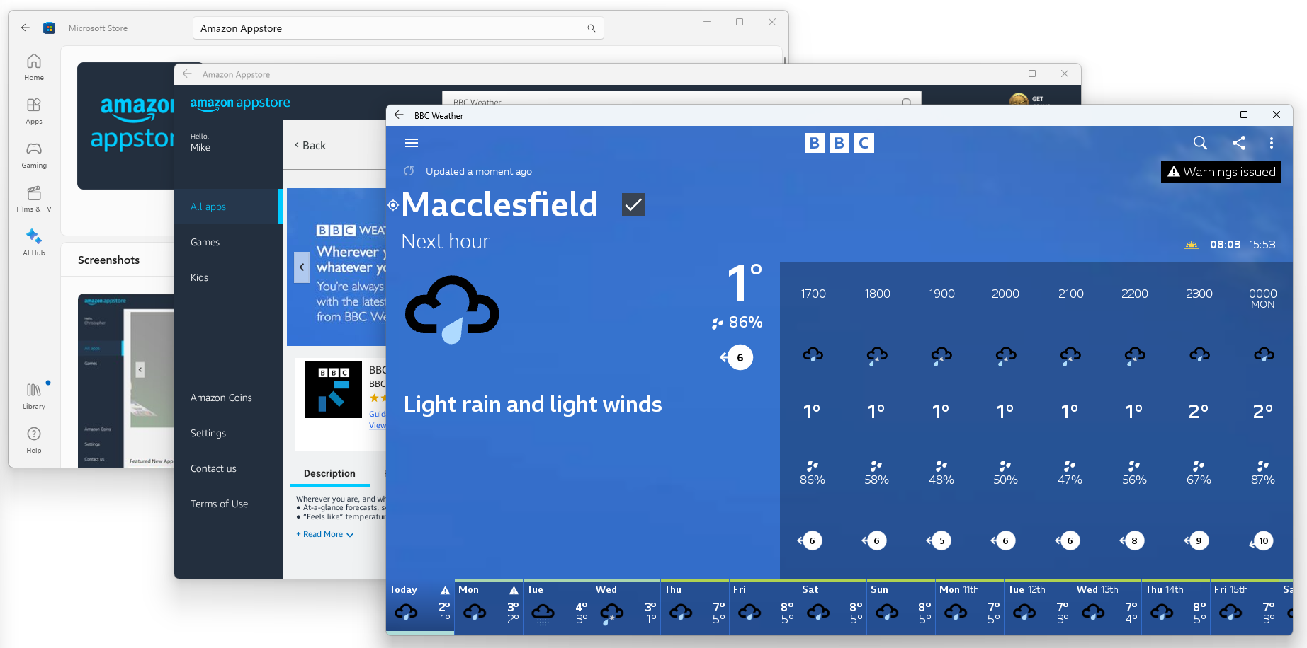 Microsoft Store, Amazon Appstore, BBC Weather