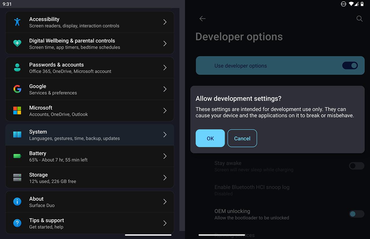 Microsoft Surface Duo - Allow development settings