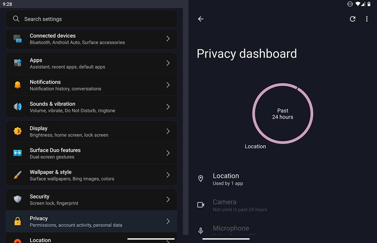 Microsoft Surface Duo - Privacy dashboard