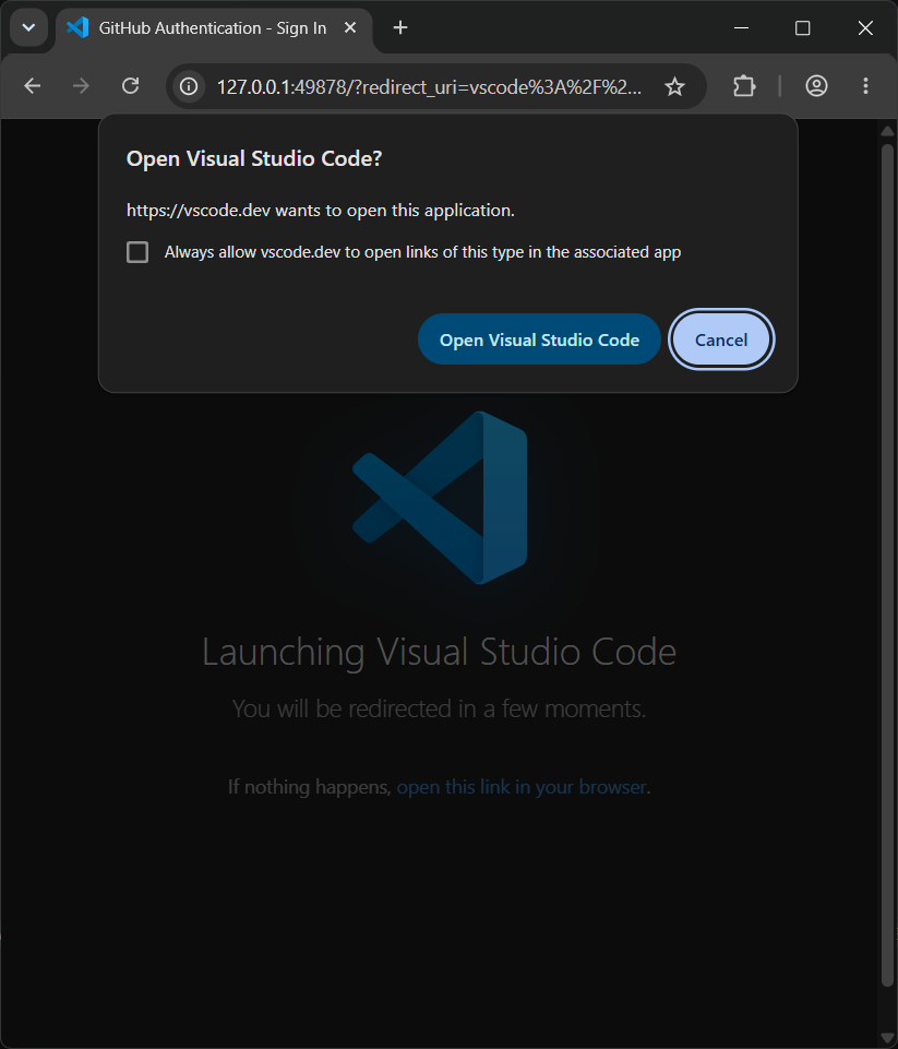 Open Visual Studio Code? browser notice