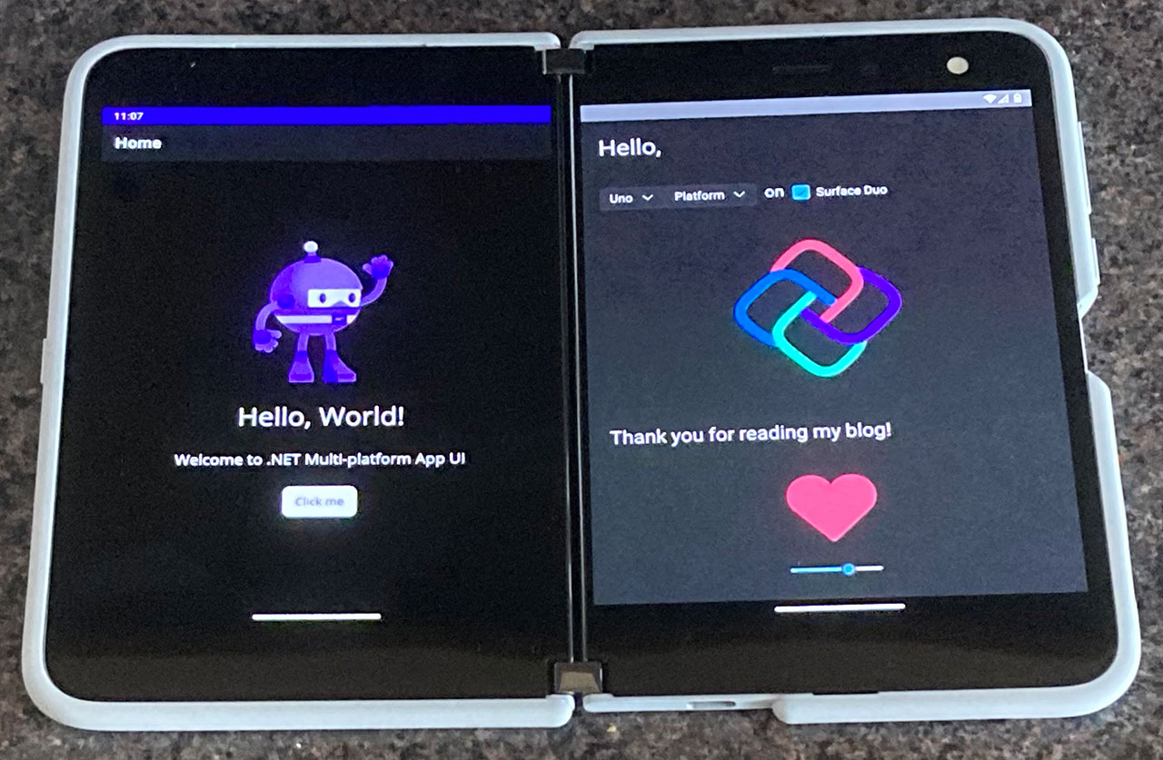 .NET MAUI App, Uno Platform App, side by side on the Microsoft Surface Duo - photo