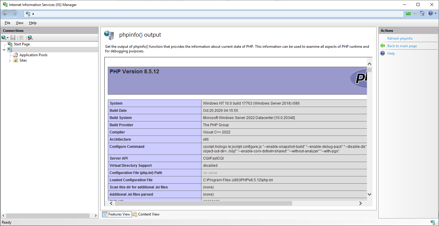 phpinfo() output screen