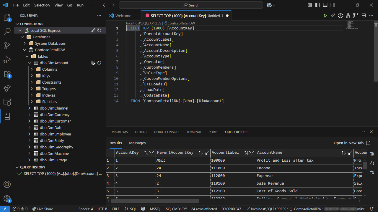 Server Explorer, Query and Results