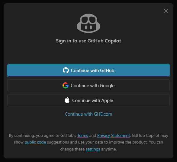Sign in to use GitHub Copilot - prompt screen