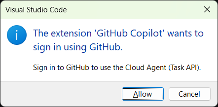 The extension GitHub Copilot wants to sign in using GitHub - alert dialog