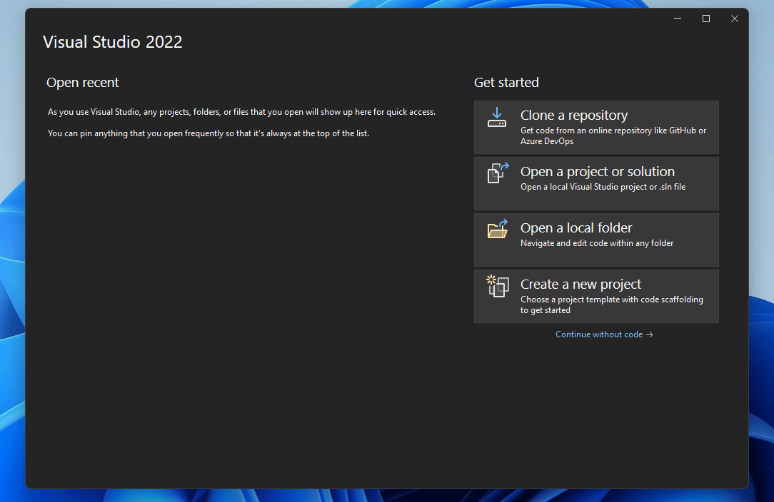 Visual Studio 2022 start screen and New Project screen