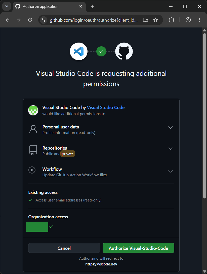 Visual Studio Code is requesting additional permissions - information dialog