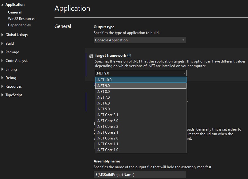 Visual Studio 2022 - Target Framework - .NET 10 shown