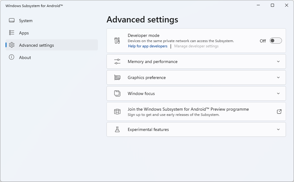 WSA Settings App - Advanced settings