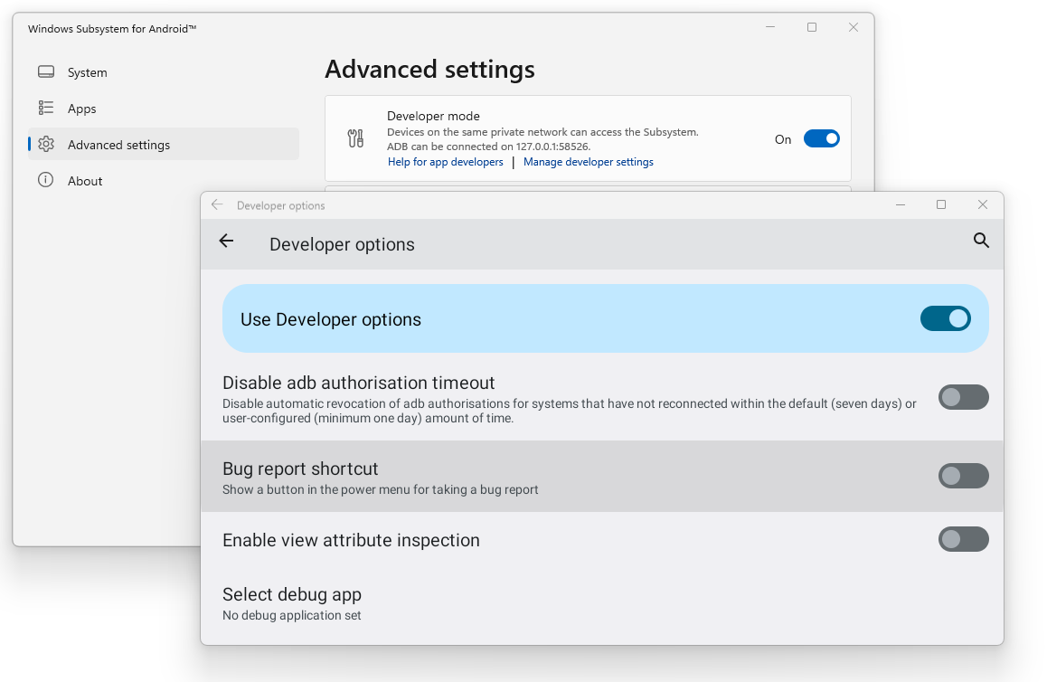 WSA Settings App - Developer Mode and Settings