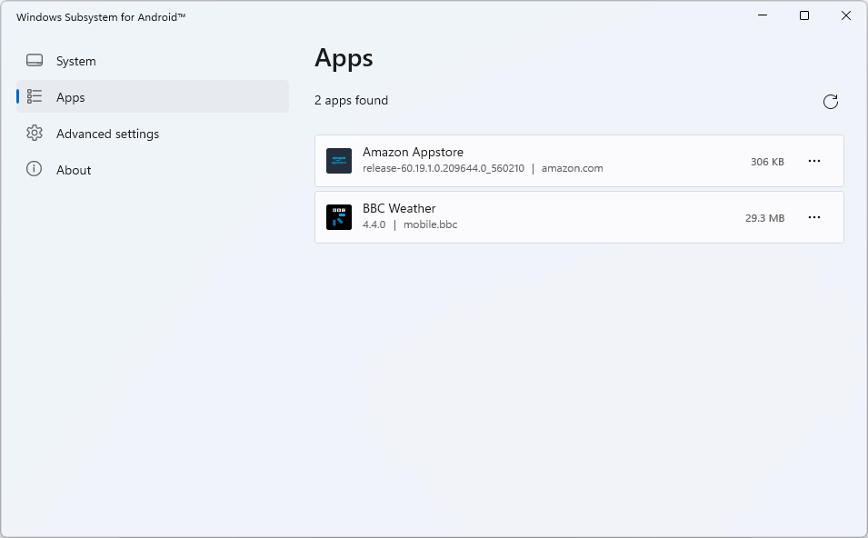WSA Settings App - installed apps