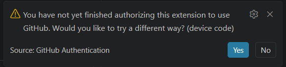 You have not yet finished authorizing this extension to use GitHub - alert notice